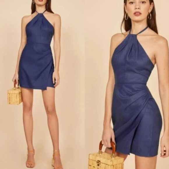 Reformation Dresses & Skirts - Reformation The Dory Dress Linen Faux Wrap Navy Blue Mini Halter NWT